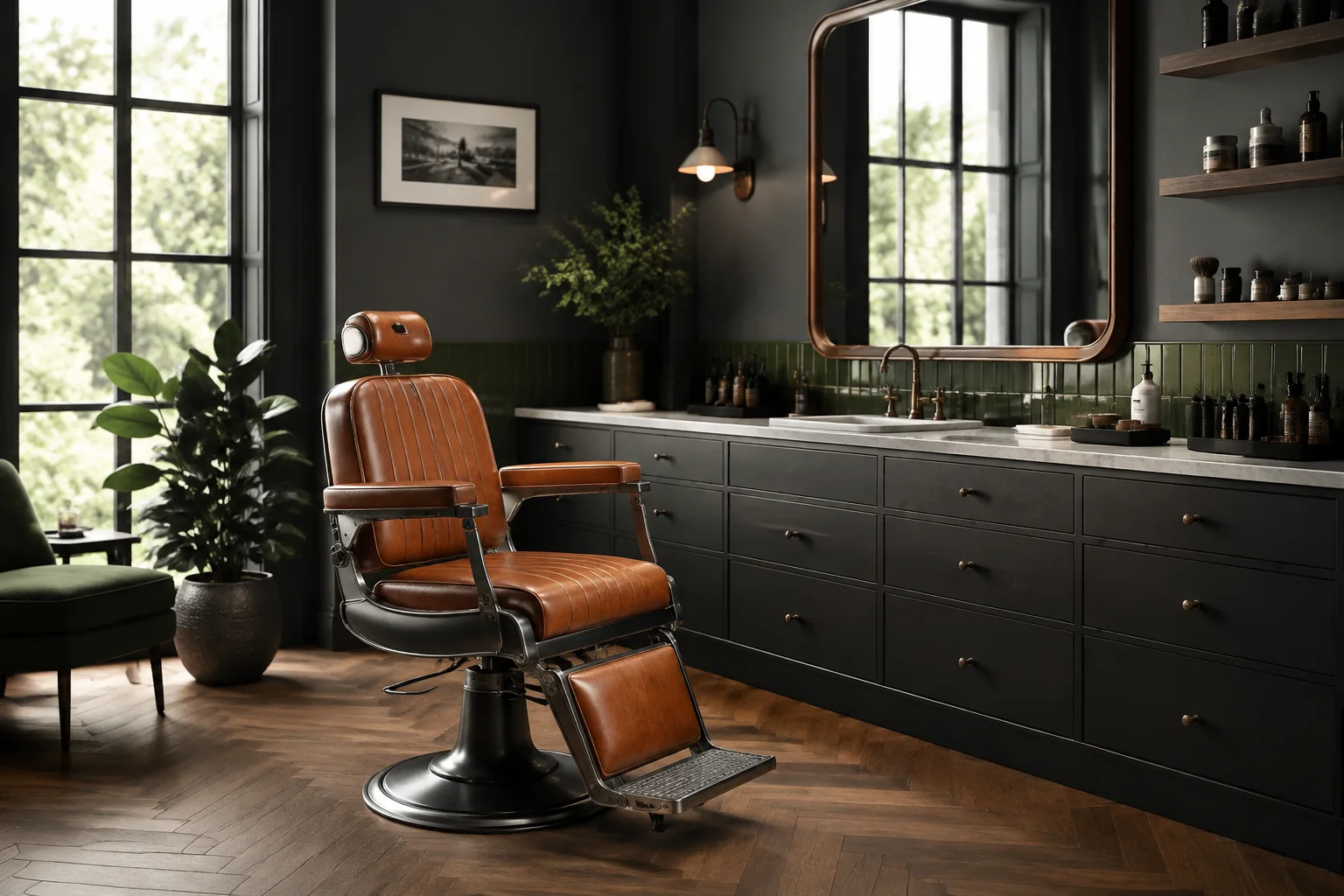 Ambiente ilustrativo de barbearia com cadeira de couro caramelo e detalhes verde-escuros